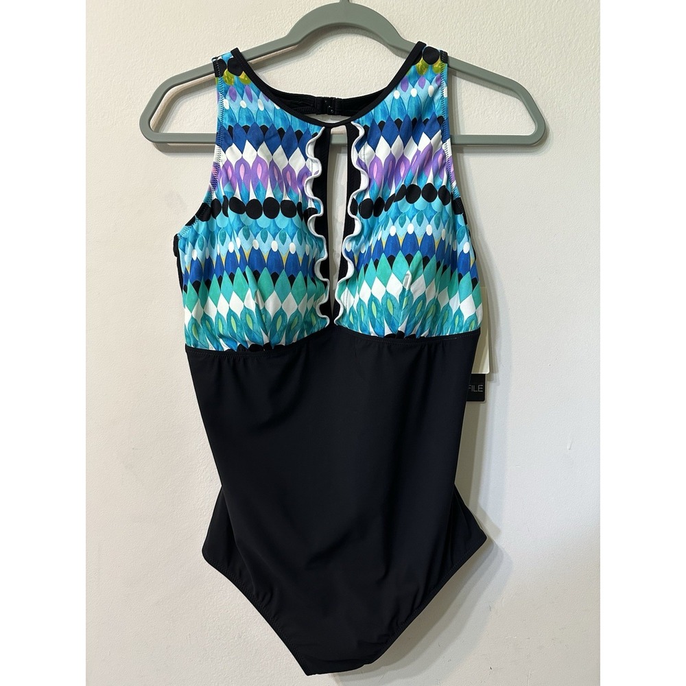 NWT Profile by Gottex Swimsuit Womens 16 High Neck Keyhole Ruffle Geometric Blue